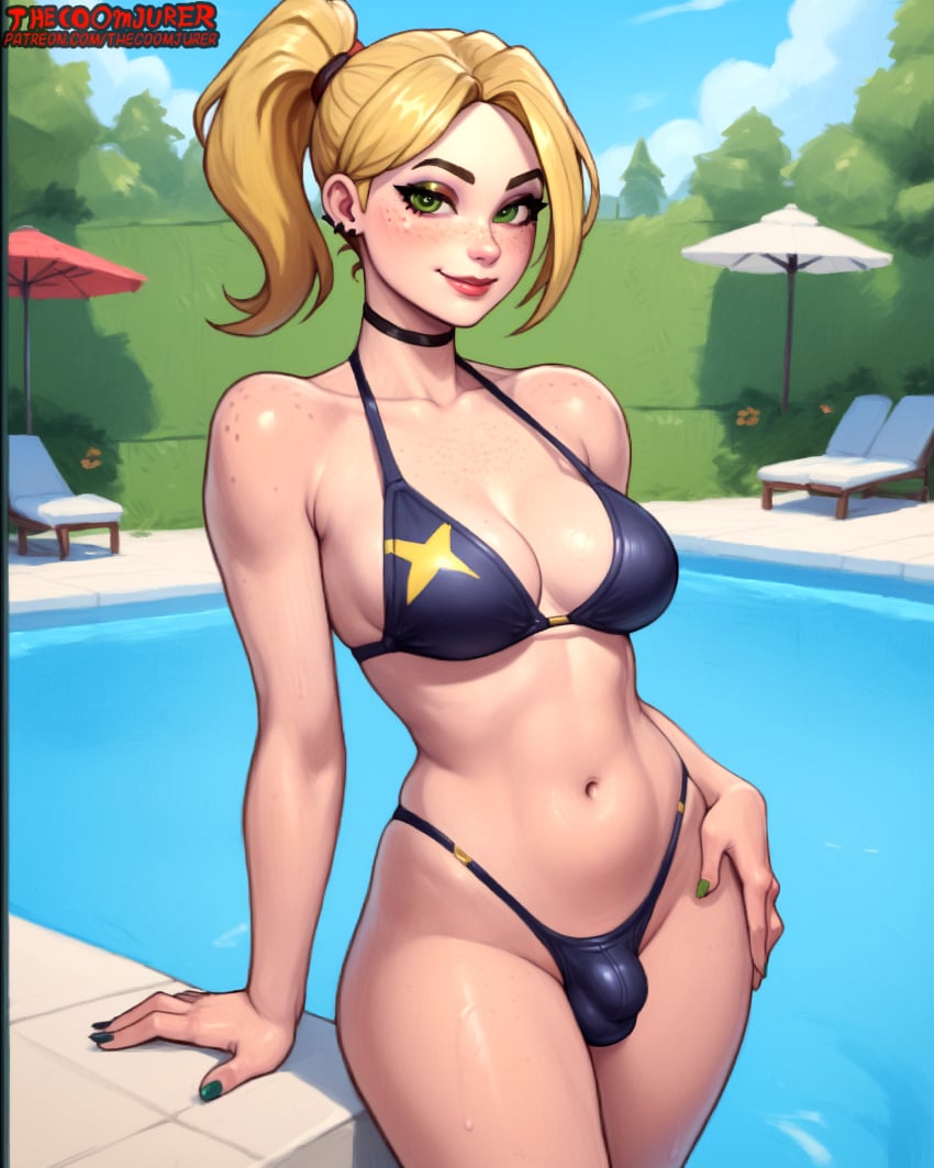 absurd_res absurd_resolution ai_assisted ai_generated bikini bikini_bottom bikini_top blonde_hair bulge bulge_through_clothing cute cute_face dickgirl eyelashes eyeliner eyeshadow fortnite fortnite:_battle_royale freckles freckles_on_breasts freckles_on_face futanari green_eyes hand_on_hip helsie_(fortnite) looking_at_viewer makeup medium_breasts pale-skinned_female pale-skinned_futanari pale_skin petite petite_body ponytail pool poolside seductive seductive_look seductive_smile smile smiling smiling_at_viewer swimsuit swimwear thecoomjurer