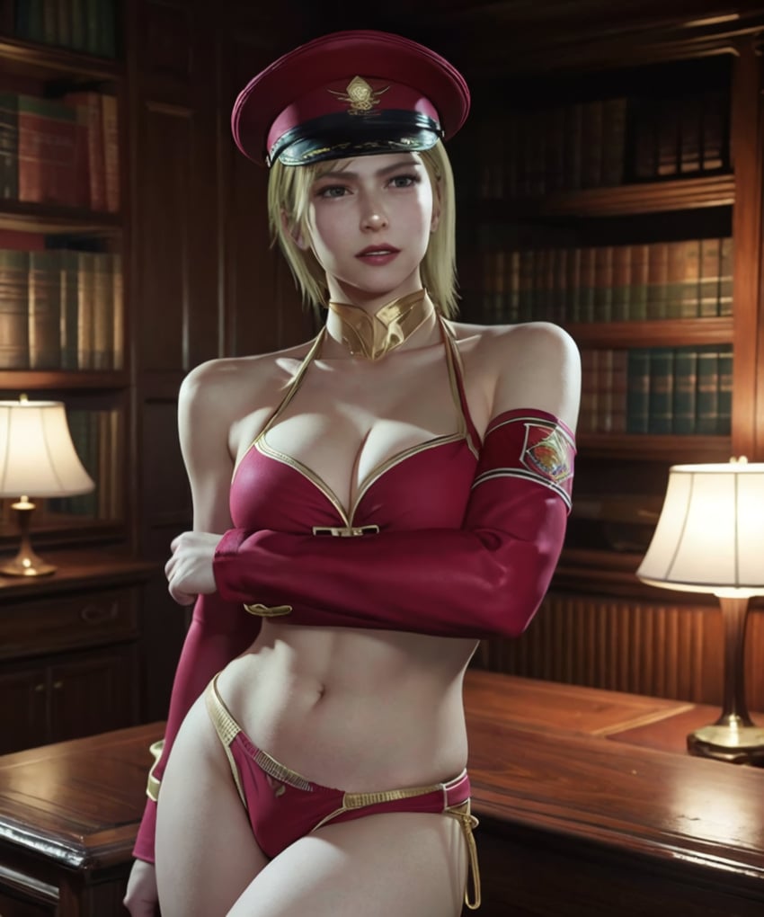 1girls ai_generated bed bedroom big_breasts blonde_hair books bookshelf bra cleavage female final_fantasy final_fantasy_vii final_fantasy_vii_rebirth hat hourglass_figure imminent_sex jacket lamp large_ass large_breasts lipstick looking_at_viewer looking_back medium_breasts military_uniform presenting_ass red_bra seductive seductive_smile shinra_commander short_hair skinny tfaiart thong white_skin wooden_wall wristwear