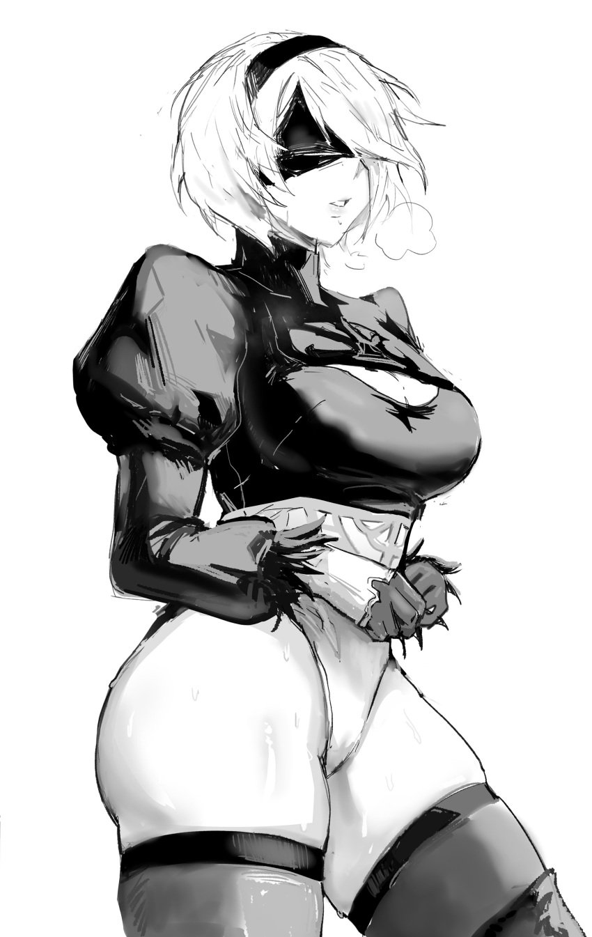 acca9nine big_ass big_breasts black_and_white black_blindfold black_dress black_hairband blindfold cleavage leotard nier:_automata puffy_sleeves revealing_clothes sweat sweaty teasing thick_thighs thighhighs visible_breath white_hair yorha_2b