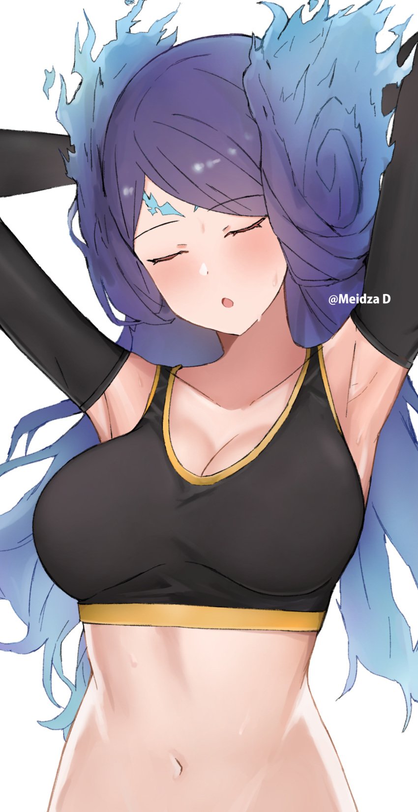 1girls absurd_res alternate_costume black_gloves black_sports_bra breasts brighid_(xenoblade) cleavage closed_eyes elbow_gloves female female_only fiery_hair gloves highres large_breasts long_hair meidza_d midriff milf monolith_soft nintendo purple_hair sena_(xenoblade)_(cosplay) sports_bra upper_body very_long_hair xenoblade_(series) xenoblade_chronicles_2