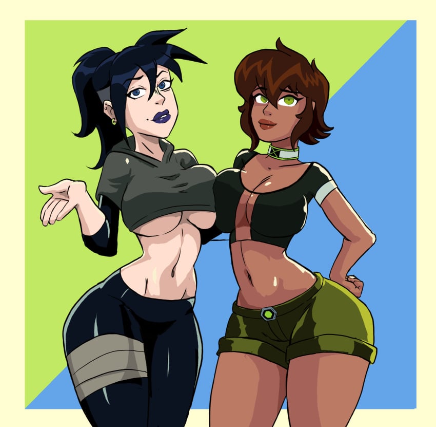 aged_up ben_10 big_ass big_breasts black_hair blue_eyes breast_press brown_hair brunette cartoon_network chaquetrix choker clothed dark-skinned_female devlin_levin earring fully_clothed gearfou genderswap_(mtf) green_eyes ken_tennyson large_ass large_breasts light-skinned_female rule_63 shorts teenager thick_thighs tight_pants underboob wide_hips