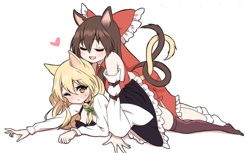 2girls animal_ears artist_name bell black_skirt black_thighhighs blonde_hair blush bow braid breasts brown_hair cat_ears cat_tail cleavage commentary crosssu cute detached_sleeves fang frilled_bow frilled_skirt frills hair_tubes hairbow hakurei_reimu heart intertwined_tails jingle_bell kemonomimi kirisame_marisa long_hair long_sleeves lying marisa_kirisame multiple_girls no_headwear nose_blush on_stomach one_eye_closed red_bow red_skirt reimu_hakurei side_braid simple_background single_braid skin_fang skirt socks symbol-only_commentary tail tail_coil thighhighs touhou white_background wholesome yellow_eyes yuri