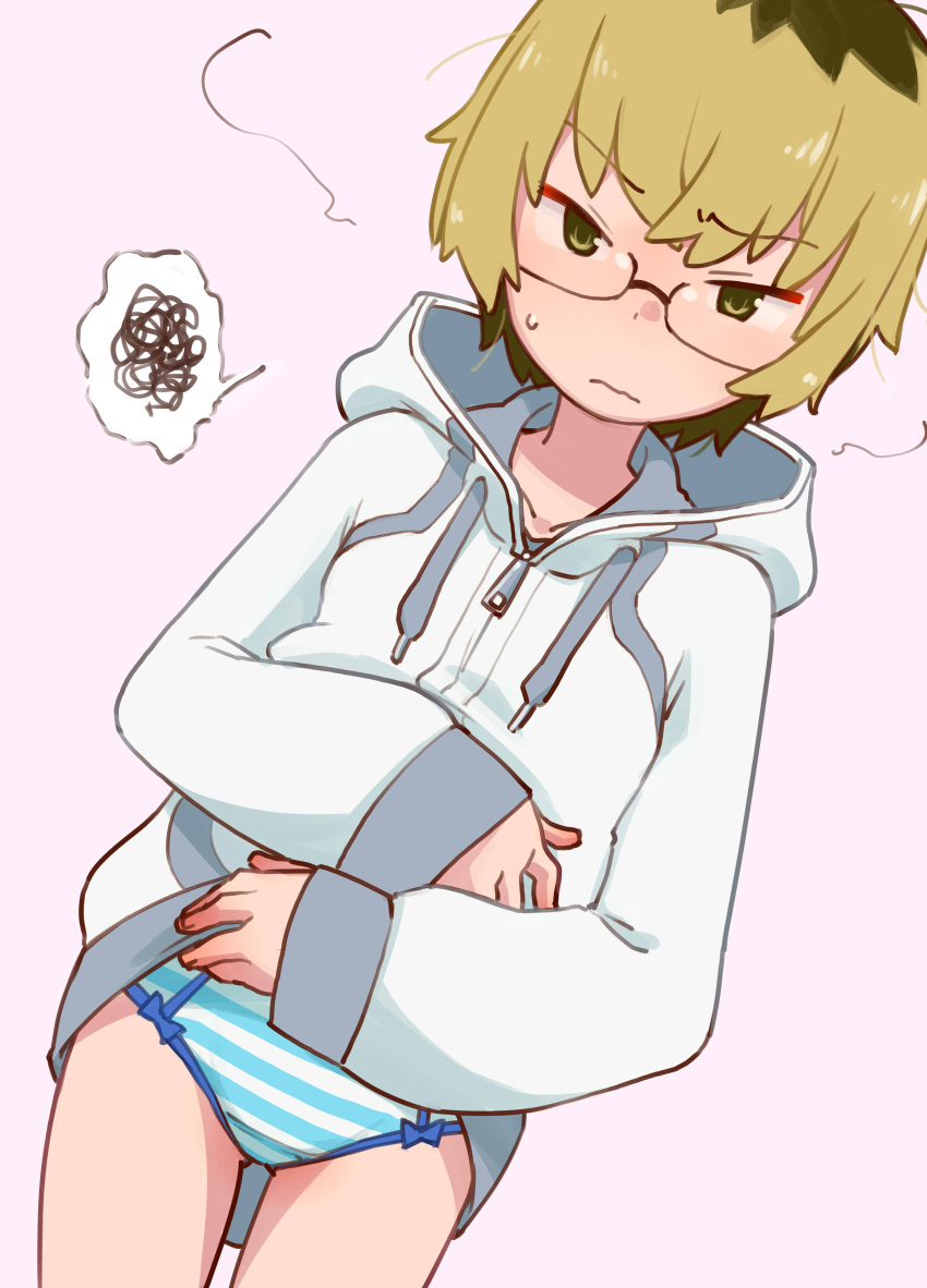 absurdres blonde_hair clothes_lift drawstring dutch_angle embarrassed female female_focus glasses green_eyes highres hood hooded_jacket ito_hikiotani jacket jacket_lift lifting_own_clothes looking_at_viewer no_pants ogihara_mach panties punchline purple_background semi-rimless_eyewear short_hair simple_background solo spoken_squiggle squiggle striped_clothes striped_panties sweatdrop thighs underwear white_jacket zipper_pull_tab