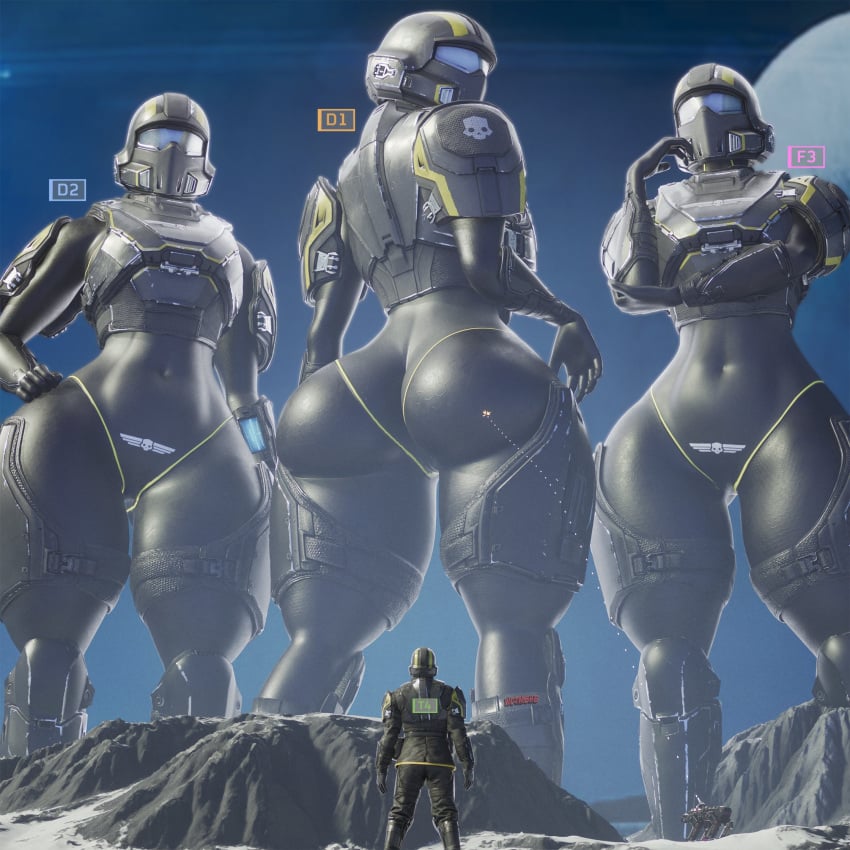 1boy 1boy3girls 3d 3d_(artwork) 3girls alien_planet armor armored_female ass big_ass big_butt big_thighs clothed clothed_female clothed_male giantess helldiver_(helldivers) helldivers helldivers_2 looking_back macro macro_female multiple_females multiple_girls thick_thighs thighs wotm8h8