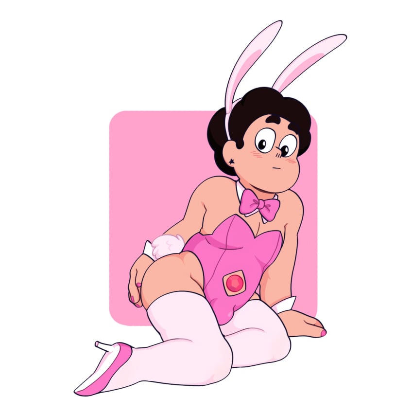 1boy 1male accurate_art_style animal_ears big_ass black_eyes black_hair blush blush_lines bodysuit bulge bulge_through_clothing bunny bunny_costume bunny_ears bunny_tail bunnysuit chubby chubby_femboy chubby_male cleavage clothed color colored cuffs cute dark_brown_hair detached_collar detached_cuffs digital_drawing_(artwork) digital_media_(artwork) earrings femboy fluffy_tail gem gem_(species) high_heels human hybrid leotard male male_only not_ai_generated on_knees pink_background pink_bodysuit pink_bowtie pink_bunnysuit pink_leotard pink_nail_polish pink_nails posing short_hair simple_shading sitting solo steven_quartz_universe steven_universe strapless strapless_leotard tail thighs white_background white_ears white_legwear wrist_cuffs