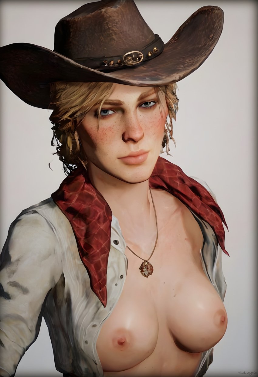 1girls 3d areolae black breasts brown_eyes cowboy_hat cowboy_shot female female_focus female_only freckles full_body game guns hat hd hd_(traditional) high_resolution highres kuku lipstick long_hair medium_breasts mode mole naked nude outdoors public public_nudity red_dead_redemption_(series) red_dead_redemption_2 rockstar_games sadie_adler scarf small_breasts solo suspenders topless video_games western