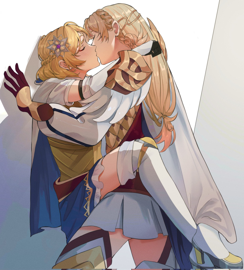 2girls against_wall asterrales closed_eyes female_only fire_emblem fire_emblem_heroes fire_emblem_warriors kissing legs legs_together lesbian lianna_(fire_emblem) sharena_(fire_emblem) yuri