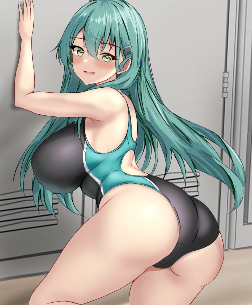 against_locker aqua_eyes aqua_hair ass back black_one-piece_swimsuit blush breasts changing_room competition_swimsuit female female_only hair_ornament hairclip highres huge_breasts indoors kantai_collection large_breasts locker locker_room long_hair looking_at_viewer montemasa one-piece_swimsuit smile solo solo_female suzuya_(kantai_collection) swimsuit