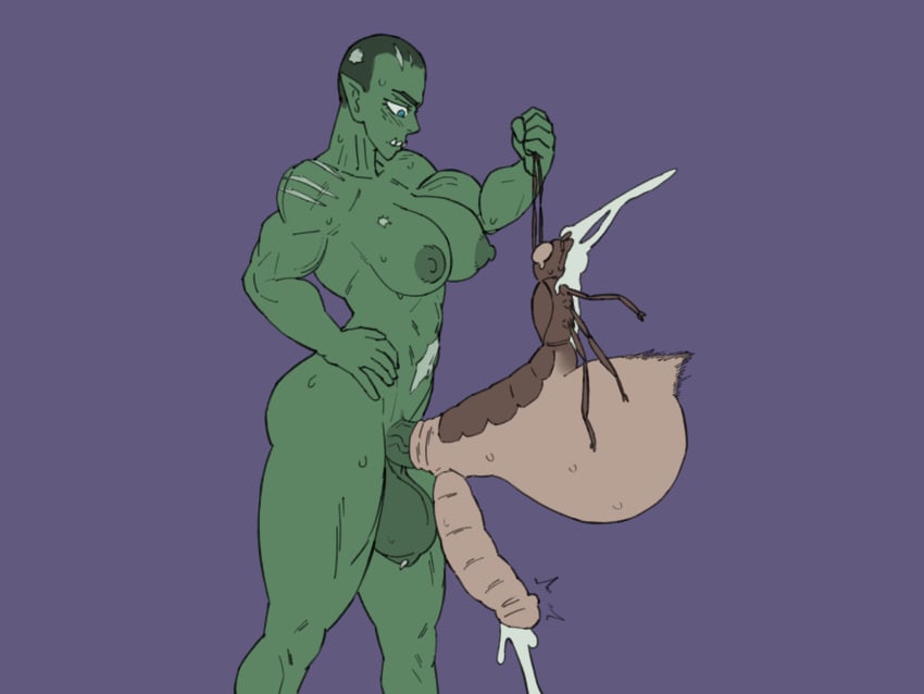 blue_eyes cum cum_inside draenorkiller futa_on_feral futa_on_male futanari green_skin insectophilia insects large_balls large_breasts large_penis muscular_futanari orc orc_futanari scar scars shaved_head stomach_bulge sweat tagme thick_thighs