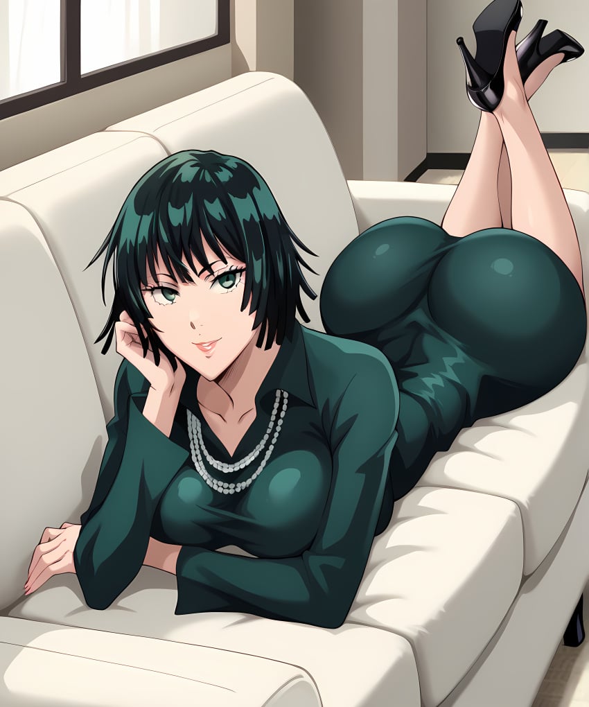 ai_generated apartment beige_background big_ass big_breasts big_butt big_thighs black_high_heels breasts cleavage couch curvy curvy_body curvy_female curvy_figure female female_focus female_only fubuki_(one-punch_man) green_dress green_eyes green_hair high_heels huge_ass jewelry large_breasts light-skinned_female light_skin lips lipstick long_legs looking_at_viewer one-punch_man pillow retair18 short_hair smile smiling smiling_at_viewer wide_hips