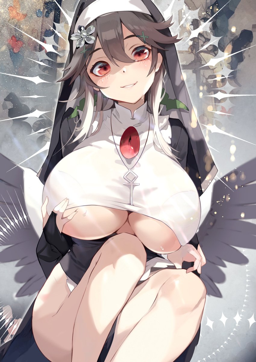 alternate_costume bare_legs black_dress blush breasts brown_hair closed_mouth covered_navel cowboy_shot dress female habit happy highres huge_breasts juliet_sleeves long_hair long_sleeves looking_at_viewer multiple_views nun puffy_sleeves red_eyes reiuji_utsuho side_slit sidelocks smile tetsurou_(fe+) third_eye_on_chest touhou utsuho_reiuji very_long_hair