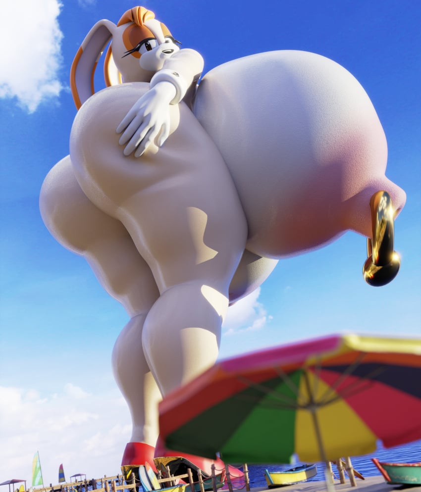 3d_(artwork) artist_request beach breasts female female_only giant_breasts giantess huge_breasts macro nipple_rings sega sonic_(series) spookieshadeart vanilla_the_rabbit