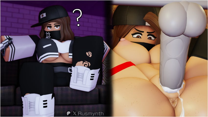 1boy 1girls 3d anus areolae ass balls breasts brown_hair cap cum cum_in_pussy delinquent desert_eagle face_mask gun instant_loss_2koma nipples original_character penis pistol pussy rape roblox robloxian roxanne_(rusmynth) rusmynth tagme thighs underboob vaginal_penetration