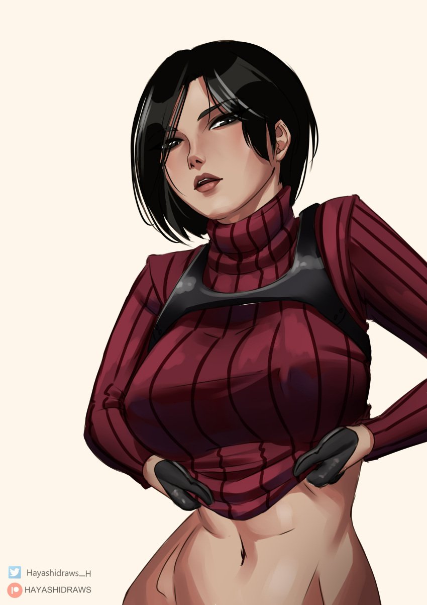 1girls ada_wong asian asian_female big_breasts black_hair eyeshadow female female_only gloves grey_eyes hayashidraws navel nipple_bulge resident_evil short_hair smile solo sweater_lift turtleneck undressing white_background