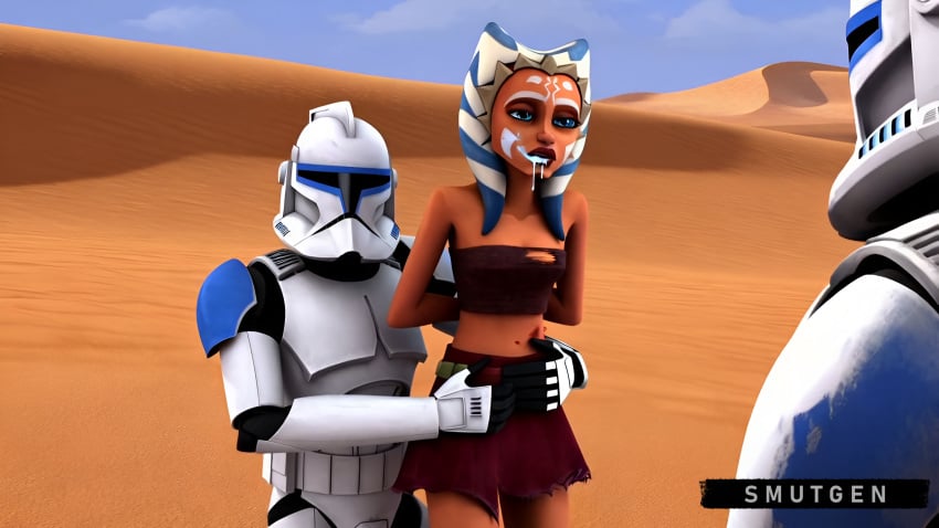 1girls 2boys 501st_clone_trooper ahsoka_tano ai_generated alien_girl alien_humanoid bruised clone_trooper clone_wars cum_dripping_from_mouth cum_in_mouth double_teamed implied_rape multiple_males orange_skin post_sex rape smutgen star_wars tatooine togruta torn_clothes torn_clothing