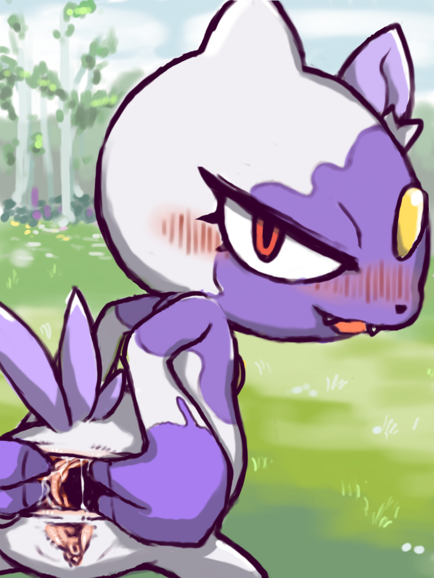 anthro anus ass blush clitoris diru feathers female fur furry gaping gaping_anus generation_2_pokemon genitals grey_body hi_res hisuian_form hisuian_sneasel looking_at_viewer nintendo open_mouth pokemon pokemon_(species) purple_body purple_fur pussy red_eyes regional_form_(pokémon) sneasel solo spread_anus spread_butt spread_pussy spreading