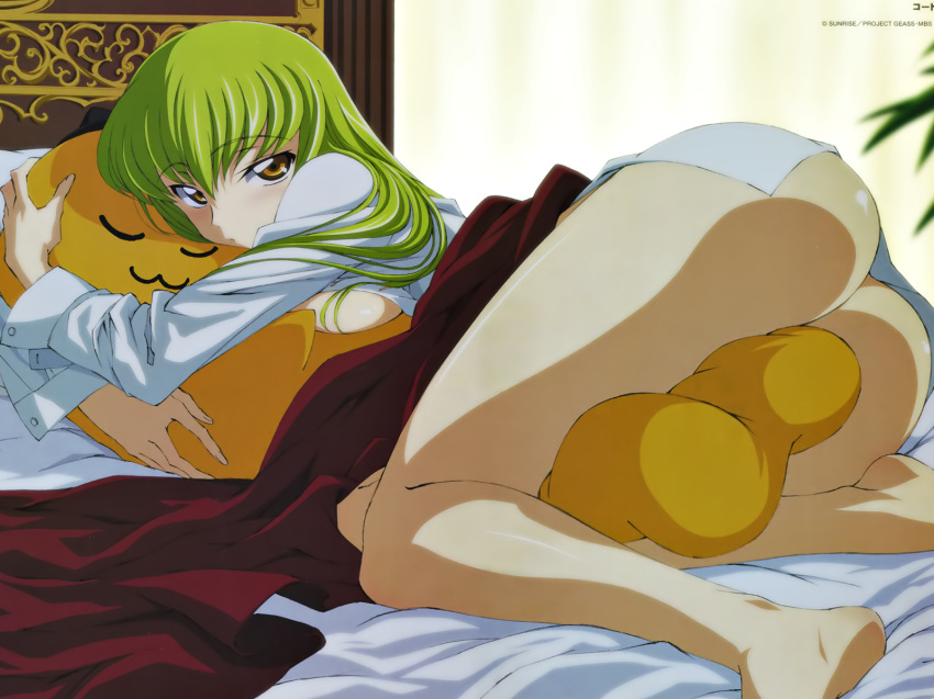 ass blush breasts c.c. cheese-kun code_geass highres long_hair open_clothes open_shirt pizza_hut wallpaper