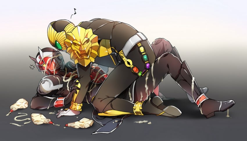 2boys angry armor clothed cowgirl_position food food_play gold_(metal) gold_armor gradient_background grey_background humor innuendo kamen_rider kamen_rider_beast kamen_rider_wizard kamen_rider_wizard_(series) knees_up laying_down lion looking_at_another looking_away male male/male male_focus male_only masked mayonnaise messy musical_note no_visible_genitalia red_armor sitting_on_another sitting_on_person to@st tokusatsu