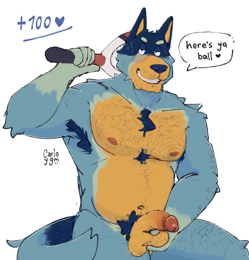 2024 5_fingers absurd_res anthro armpit_hair australian_cattle_dog ball_grab balls bandit_heeler blue_body blue_fur bluey_(series) blush body_hair canid canine canis carlo_ygm cattledog chest_hair domestic_dog english_text fingers fur genitals glans heart_symbol herding_dog hi_res looking_at_viewer male mammal nipples pastoral_dog penis pubes signature simple_background smile smiling_at_viewer solo tail tennis_racket text yellow_body yellow_fur