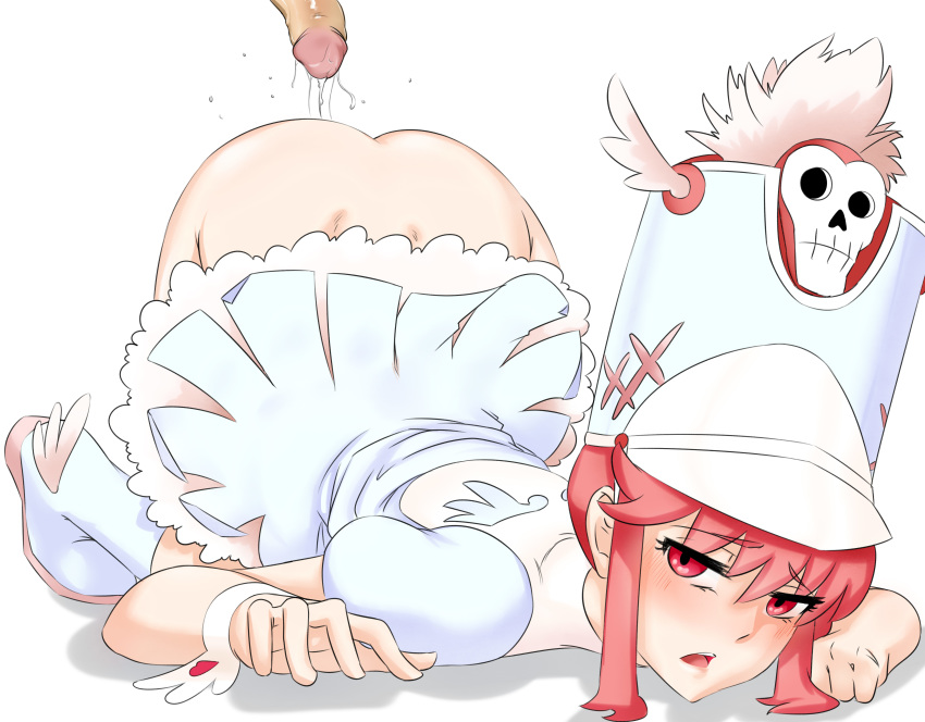 1boy 1girls absurdres after_sex all_fours ass blush boots dimples_of_venus dress erection female hat highres jakuzure_nonon kill_la_kill looking_at_viewer male no_panties open_mouth penis pink_eyes pink_hair shako_cap stormcow top-down_bottom-up uniform winged_hat winged_shoes