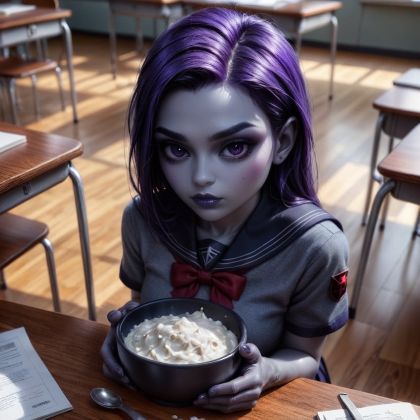 absurd_res absurd_resolution absurdres ai_generated cum cum_in_bowl cum_in_container desk eating_cum gokkun grey_clothing grey_skin hi_res high_resolution highres holding_object looking_at_viewer public purple_eyes purple_hair purple_lipstick red_clothing school school_desk school_uniform schoolgirl schoolgirl_uniform, shoulder_length_hair