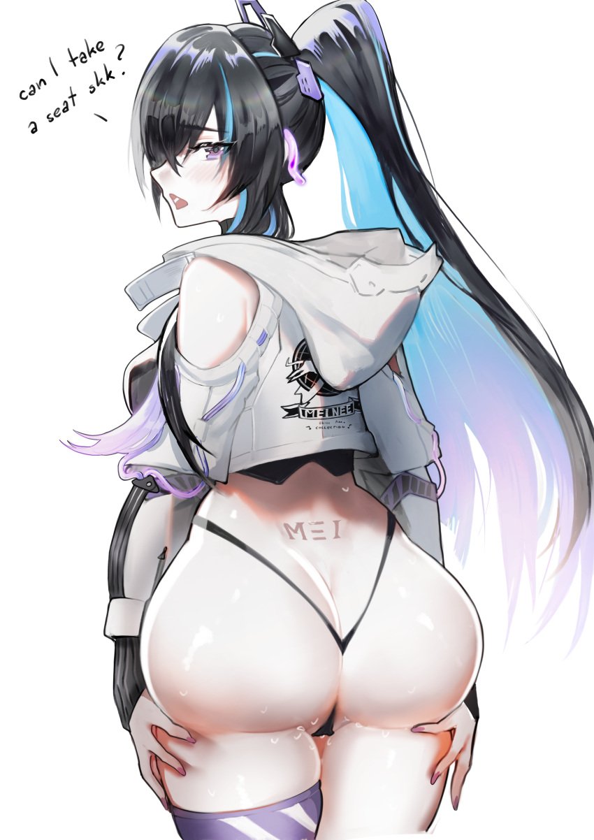 1girls ass ass_focus big_ass big_butt black_hair blue_hair female medium_breasts ponytail punishing:_gray_raven purple_eyes robot_girl selena_(punishing:_gray_raven) solo thick_ass thick_thighs thong