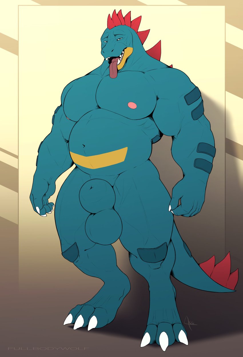 absurd_res animal_genitalia anthro balls big_balls big_penis big_sheath bubbaferaligatr bubbagatr crocodilian feraligatr flexing fullbodywolf generation_2_pokemon genitals hi_res male musclegut muscular navel nintendo nipples penis pokemon pokemon_(species) reptile saggy_balls scalie sheath solo tongue tongue_out