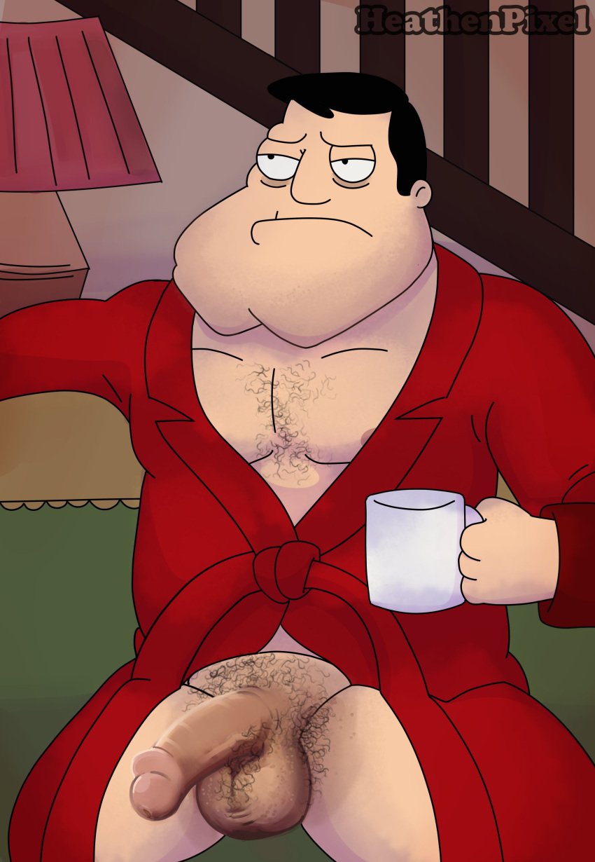 1boy 1male 1man 2d 2d_(artwork) 2d_artwork american_dad bags_under_eyes black_hair coffee coffee_mug dad_bod daddy daddy_kink dilf disgruntled grumpy hairy_balls hairy_chest heathenpixel male male_focus male_only masculine middle_aged middle_aged_male middle_aged_man miserable robe solo solo_focus solo_male stan_smith unhappy unhappy_male