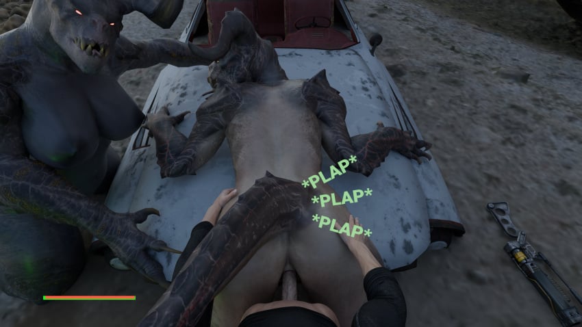 anal anal_sex anthro ass bethesda_game_studios big_breasts breasts claws deathclaw deathclaw_humanoid dominant dominant_female fallout female female_deathclaw first_person_view group hi_res humanoid male male/female mammal microsoft monster penetration reptile scalie sound_effects tail text trio