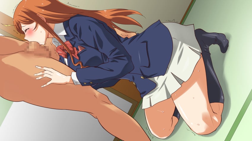 blush breasts censored closed_eyes clothed_female_nude_male deepthroat feet fellatio female gundam gundam_build_fighters gundam_build_fighters_try highres huge_breasts human kamiki_mirai kneeling kunifuto legs long_hair male mosaic_censoring no_shoes oral orange_hair penis school_uniform skirt socks solo_focus standing straight sweat thighs trembling