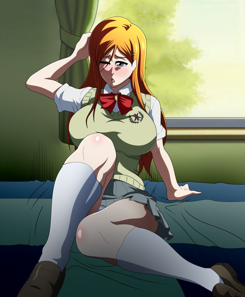 about_to_burst anime_style auburn_hair bedroom big_breasts bleach breasts bursting_breasts button_down_shirt button_gap button_pop buttons cleavage color colored doujin doujin_cover doujinshi gray_eyes huge_breasts inoue_orihime large_breasts lingerie nipples_visible_through_clothing oldhorrorz open_clothes open_shirt open_uniform orange_hair panties room school_uniform schoolgirl sitting undersized_clothes uniform