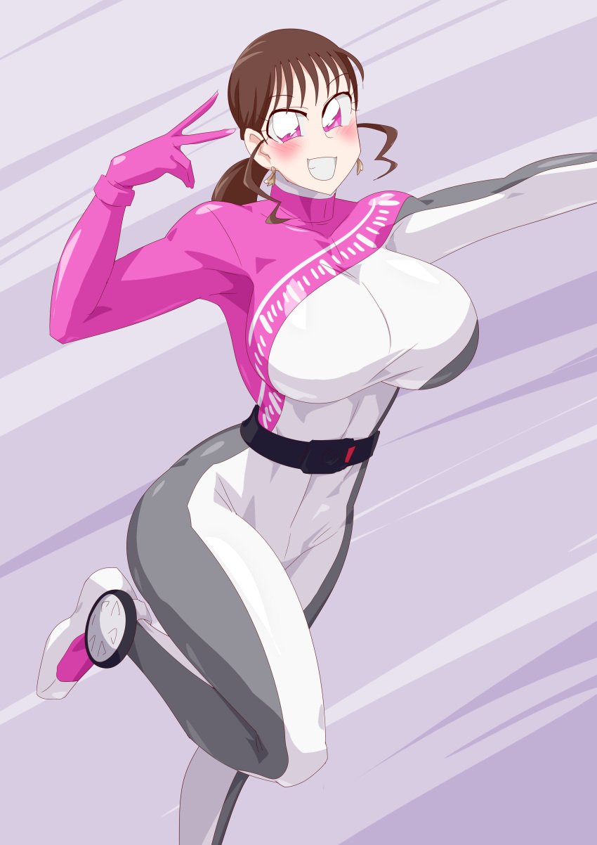 1girls bakuage_sentai_boonboomger big_breasts breasts brown_hair female_only hair large_breasts mira_shifuto otokam1117 pink_eyes shifuto_mirai skinsuit solo solo_female super_sentai tagme