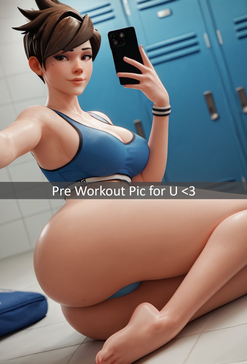 1female 1girls 3d abs ai_generated athletic_female bare_legs bare_shoulders belly_button big_breasts blizzard_entertainment british_female brown_eyes brown_hair cleavage clothed curvaceous curvy curvy_body curvy_female curvy_figure curvy_hips feet female_focus female_only freckles fremorg hourglass_figure huge_ass large_ass large_breasts lena_oxton light-skinned_female locker_room mirror_selfie muscles muscular_female nipple_bulge overwatch overwatch_2 phone pose selfie shiny_skin sitting sitting_on_floor skimpy_clothes slim_waist smartphone smile solo solo_female stable_diffusion text thick_legs thick_thighs thong toned toned_female tracer voluptuous voluptuous_female wide_hips workout_clothes wristwear