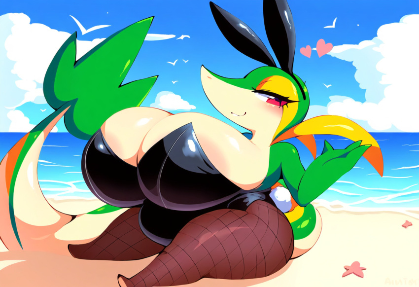 absurd_res ai_generated anthro avian beach big_breasts blush breasts bunny_costume cleavage clothed clothing cloud costume detailed_background eyelashes fake_ears fake_rabbit_ears female fishnet fishnet_legwear generation_5_pokemon heart hellsonger hi_res huge_breasts legwear leotard looking_at_viewer nintendo non-mammal_breasts outside pokemon pokemon_(species) red_eyes sand sea seaside sky smile snivy solo thick_thighs water