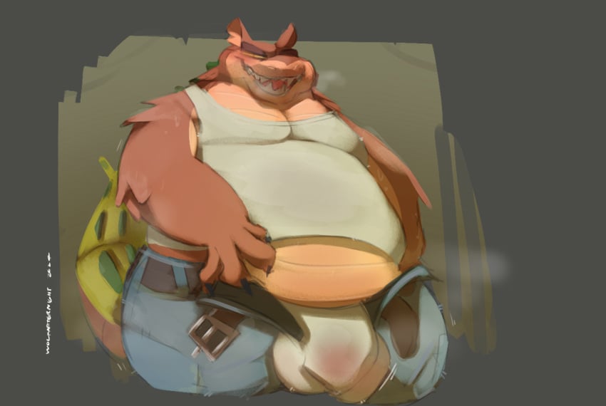 2024 activision anthro belly belly_overhang belt big_belly big_bulge bodily_fluids bottomwear brown_body brown_fur bulge canid canine canis clothed clothing crash_(series) crocodile crocodilian crocodylid denim denim_bottomwear denim_clothing detailed_bulge dingo dingodile dreamywolfdd fur green_body green_scales hybrid jeans looking_at_viewer male male_only mammal musk musk_clouds narrowed_eyes obese obese_male open_belt open_bottomwear open_clothing open_mouth open_pants open_smile overweight overweight_male pants reptile scales scalie shirt signature smile solo sweat tan_body tan_fur tan_scales tank_top topwear underwear yellow_sclera