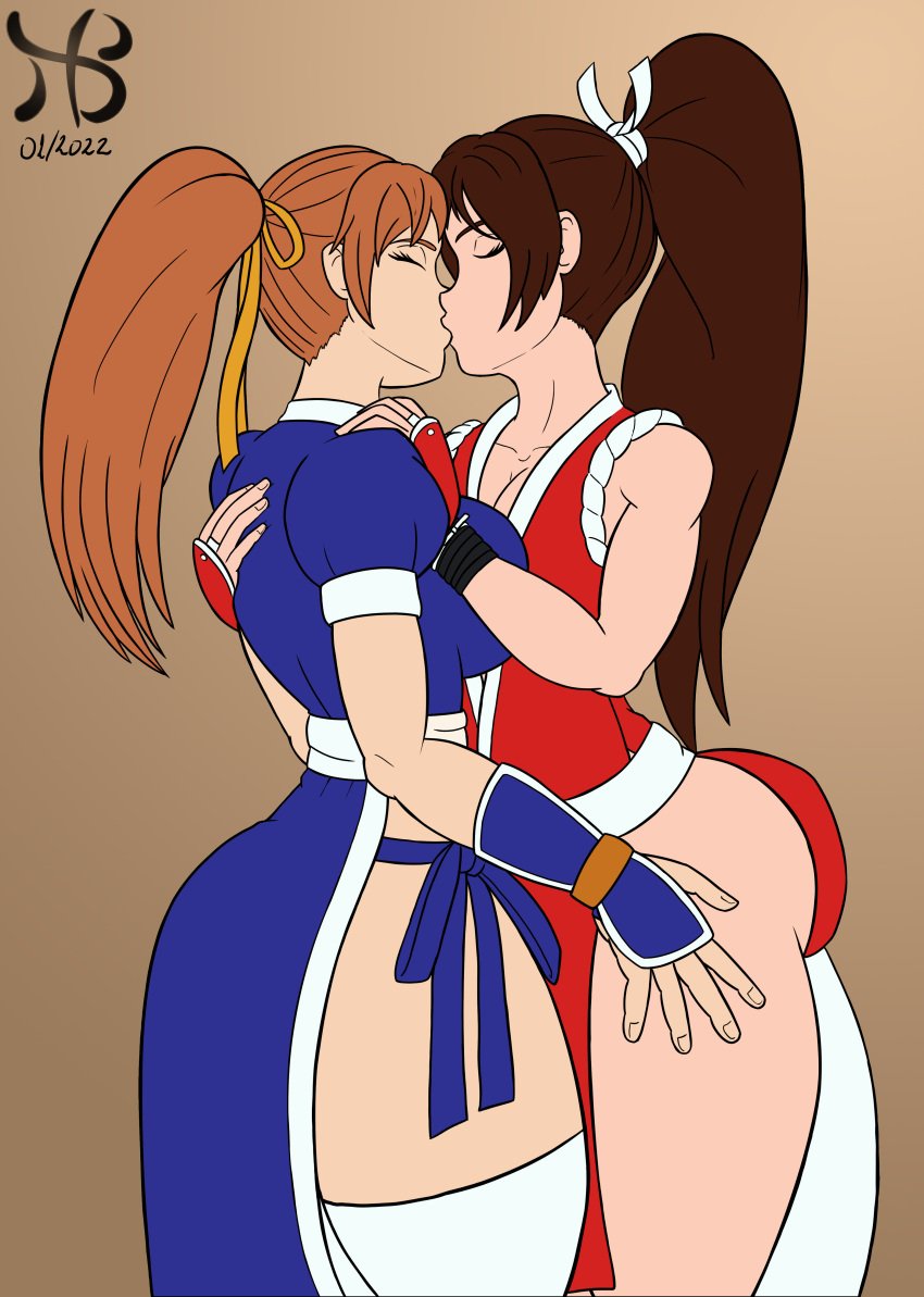 2girls crossover female female_only hiastobasement_(artist) kasumi_(doa) kissing lesbian_kiss mai_shiranui yuri