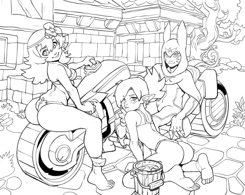 1boy 2girls amalia amalia_sheran_sharm ass ass_focus barefoot bikini black_and_white carwash cleophee couple female jjfrenchie male monochrome motorbike motorcycle princess_amalia_sheran_sharm wakfu yugo