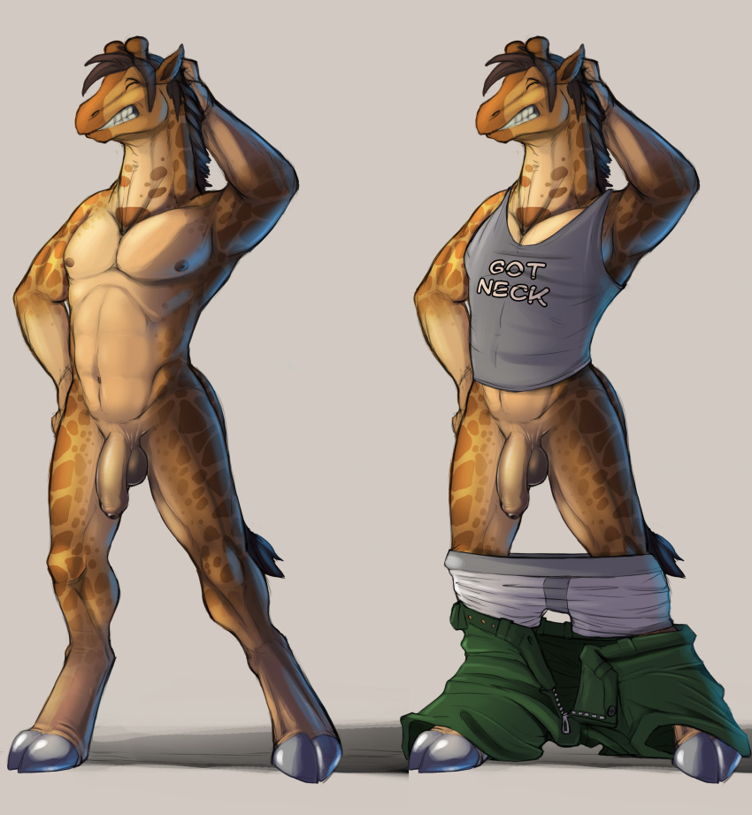 2024 abs absurd_res anthro areola athletic athletic_anthro athletic_male balls biped bottomwear bottomwear_down boxer_briefs closed_eyes clothed clothing cloven_hooves digital_media_(artwork) flaccid foreskin genitals giraffe giraffid hi_res hooves horn humanoid_genitalia humanoid_penis long_neck male male_anthro mammal markings narse nipples nude ossicone pants pants_down partially_clothed pecs penis shirt shorts spots spotted_body tank_top teeth topwear underwear unguligrade unretracted_foreskin