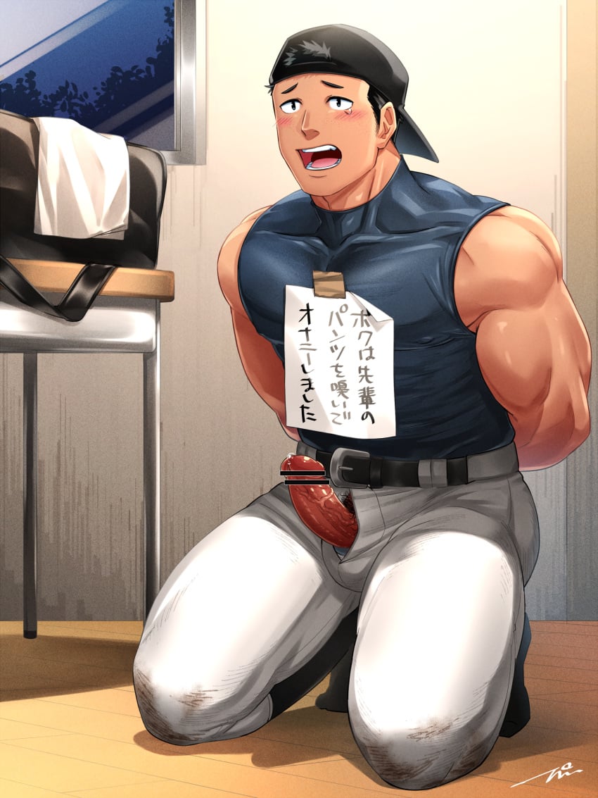 1boy arms_behind_back bara baseball_cap baseball_uniform belt big_chest big_penis black_hair blush censor_bar censored censored_penis dirt dirty_clothing gay hi_res humiliation indoors kneeling male male_only muscles muscular muscular_arms muscular_legs muscular_male muscular_thighs open_mouth original original_character paper pecs penis penis_out precum punishment reversed_baseball_cap short_hair sleeveless_shirt socks tears tepen_(tptptpn) text thick_arms thick_thighs tight_clothing unzipped unzipped_pants veiny_penis yaoi