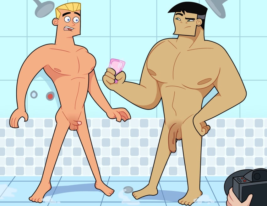 2boys black-hair brown_hair danny_phantom dash_baxter gay kwan male_focus male_only nickelodeon nicktoons penis_comparison shower soap weasdepiro