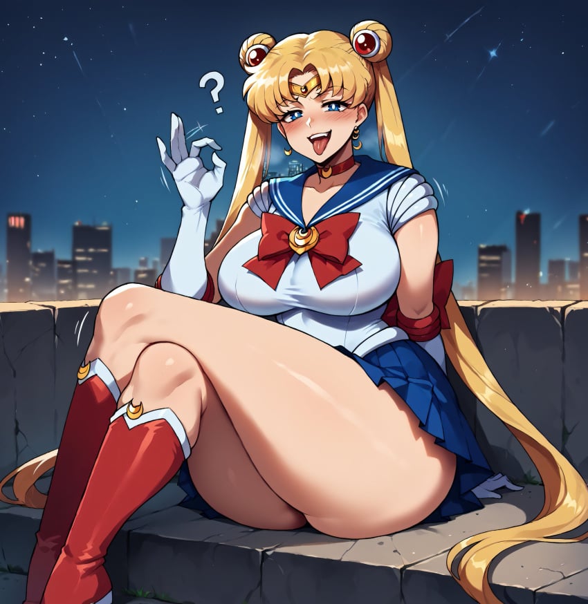 ai_generated bare_thighs big_breasts bishoujo_senshi_sailor_moon blonde_hair blue_eyes blush crossed_legs fellatio_gesture hair_bun huge_breasts huge_thighs light-skinned_female light_skin looking_at_viewer massive_breasts naughty_face pawg sailor_moon sailor_uniform smogai solo_female squatting sweat sweatdrop thick_body thick_female thick_thighs thighs tongue_out twintails usagi_tsukino voluptuous voluptuous_female