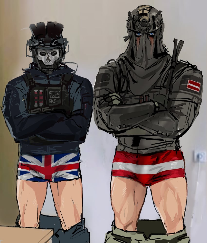 2boys arms_crossed austrian austrian_flag boxers british british_flag bulge call_of_duty fgstantham funny helmet konig male male_only masked masked_male modern_warfare muscular_legs pants_down simon_riley underwear