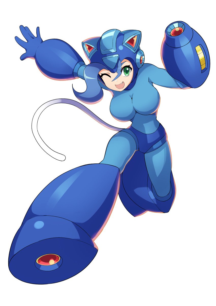 absurdres animal_ears arm_cannon armor blue_bodysuit blue_hair bodysuit capcom cat_ear_helmet cat_ears commission company_connection cosplay darkstalkers felicia_(darkstalkers) female green_eyes helmet highres mega_felicia mega_man_(character) mega_man_(character)_(cosplay) mega_man_(classic) mega_man_(cosplay) mega_man_(series) oerba_yun_fang one_eye_closed open_mouth pocket_fighter shoutaro_saito solo tagme transparent_background weapon