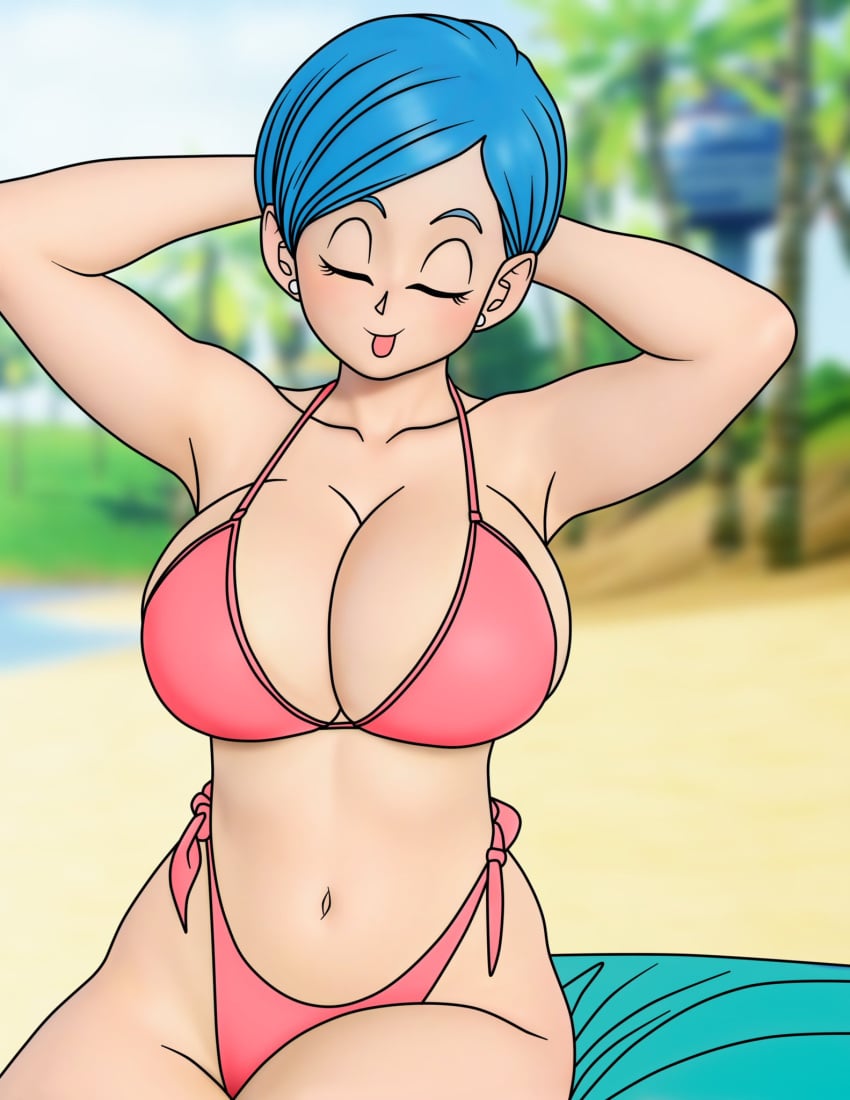 armpits beach bikini blue_hair breasts bulma_briefs dragon_ball dragon_ball_super earrings female_pervert large_breasts panties pervert pink_bikini pink_panties public public_indecency sex_invitation sexually_suggestive short_hair