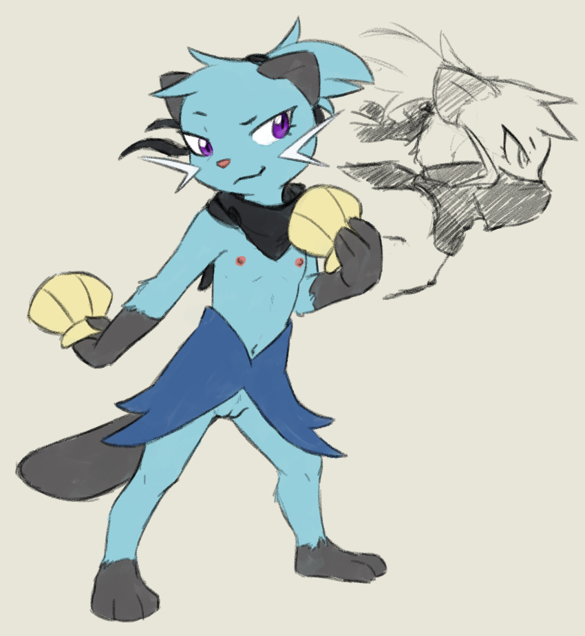 2024 3_toes 4_fingers anthro areola blue_body blue_fur casual_exposure dewott feet female fingers flat_chested front_view full-length_portrait fur generation_5_pokemon genitals hi_res holding_object looking_at_viewer mostly_nude mostly_nude_anthro mostly_nude_female navel nintendo nipples pokemon pokemon_(species) portrait pose purple_eyes pussy scarf scarf_only sealer4258 simple_background smile solo standing tail toes