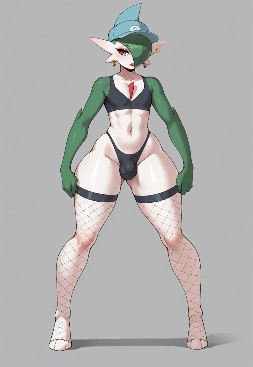 1boy ai_generated androgynous anthro background black_thong bra bulge cap curvy curvy_male earrings eyeliner eyeshadow femboy fishnets flat_chest gallade game_freak generation_4_pokemon gray_background green_arms humanoid lipstick long_legs makeup nintendo pokemon pokemon_(species) pokemon_dppt red_eyes red_lipstick simple_background small_bulge small_penis solo solo_femboy solo_male thick_thighs thong white_body wide_hips