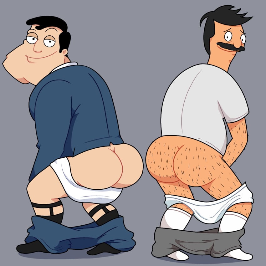 2boys american_dad ass bara bob's_burgers bob_belcher body_hair dilf male_focus male_only moustache presenting stan_smith suit undressing weasdepiro