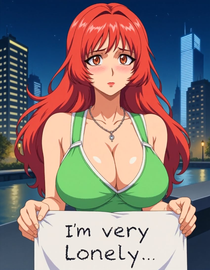 ai_generated aniyome_wa_ijippari blush brown_eyes city cleavage curvaceous curvy curvy_female curvy_figure female female_focus female_only green_tank_top hi_res holding_object holding_sign huge_breasts lips lipstick long_hair lover-in-law milf necklace night outdoors red_hair takama_kozue tank_top voluptuous voluptuous_female wife