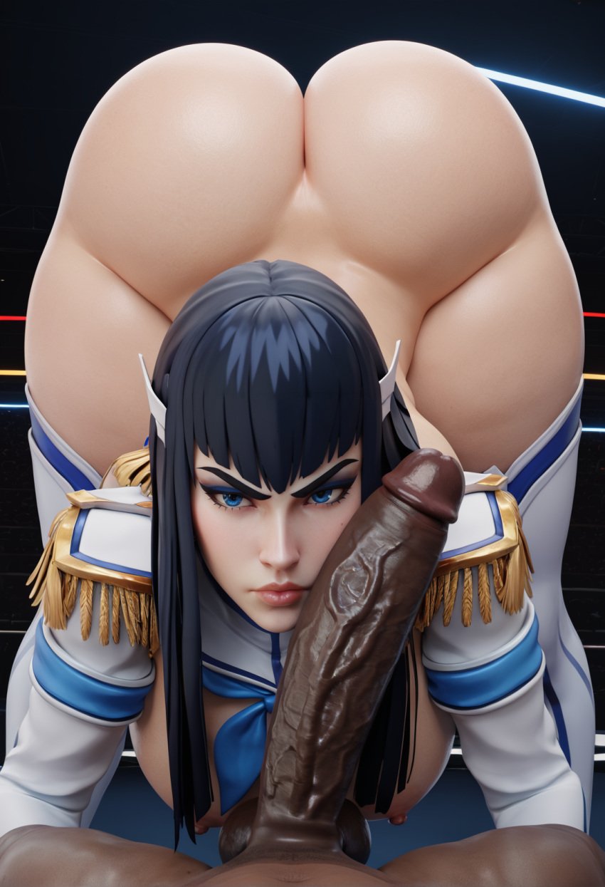 3d ai_generated angry asian asian_female big_ass big_breasts big_penis black_hair blue_eyes dark-skinned_male kill_la_kill kiryuuin_satsuki pale_skinned_female pods11 voluptuous