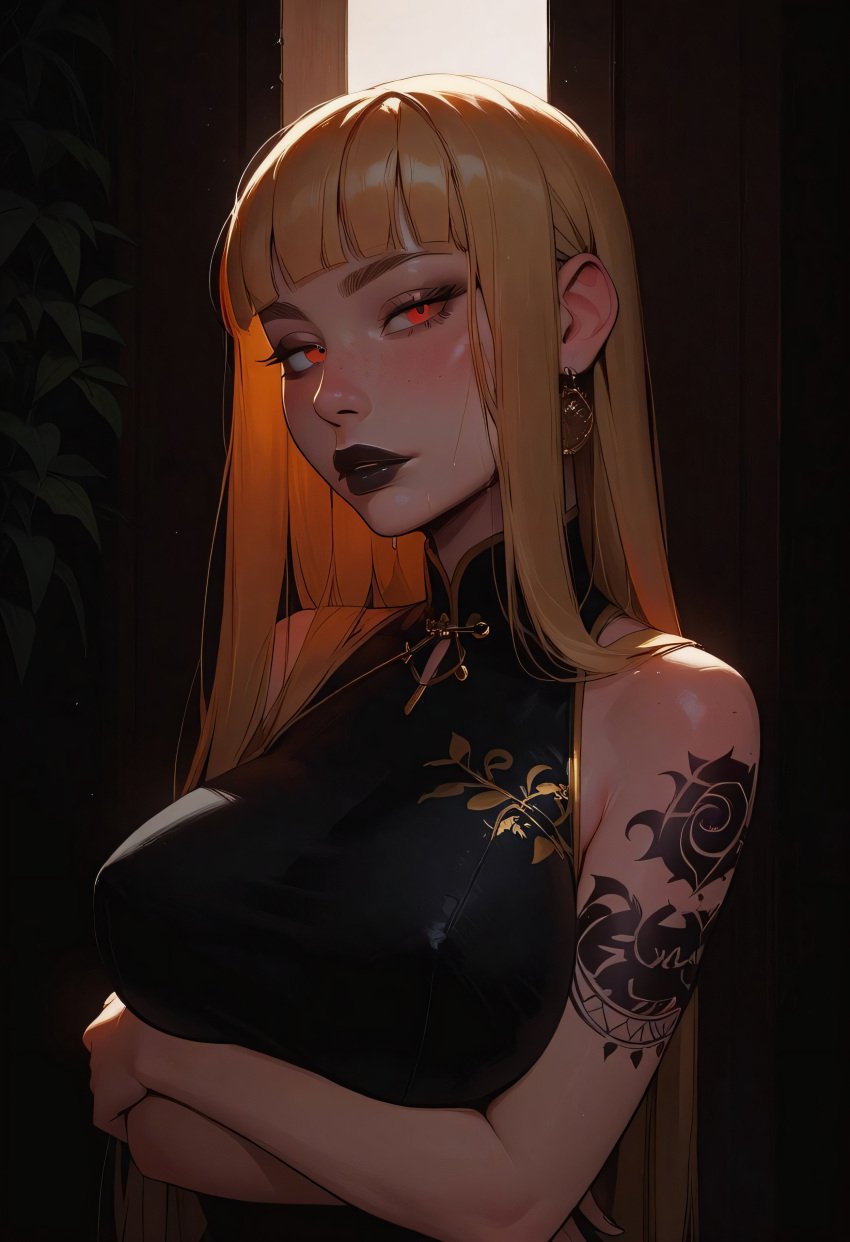 ai_generated bent_over big_breasts blonde_hair blush chinese_clothes chinese_dress choker civitai eyeliner freckles goth goth_futa goth_girl hi_res high_resolution highres hime_cut horny office pleasure_face red_eyes sarcos_ seductive seductive_look seductive_smile serena(original) sweat tattoo